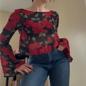 Cotton Candy Red and Black Floral Blouse